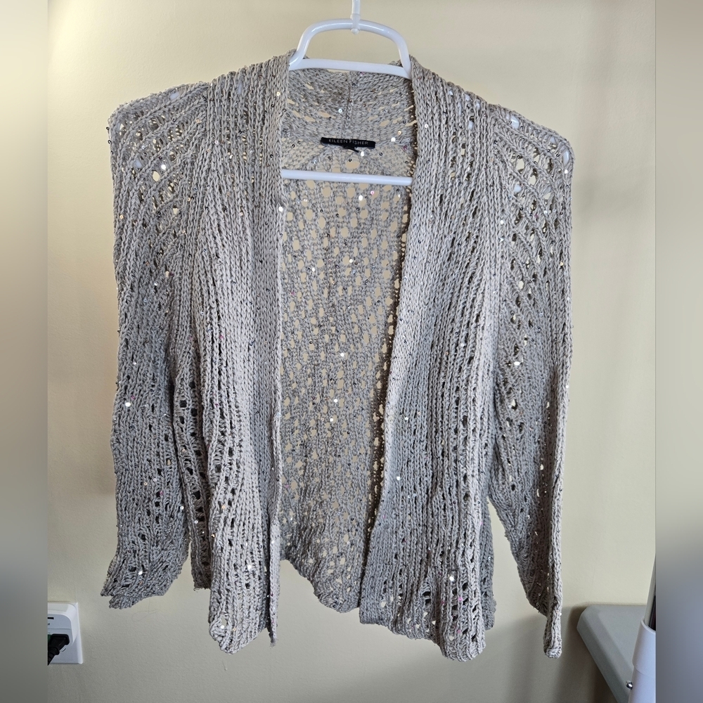 Eileen Fisher Cardigan Sweater Gray Medium Open Knit Sequin Italian Yarn